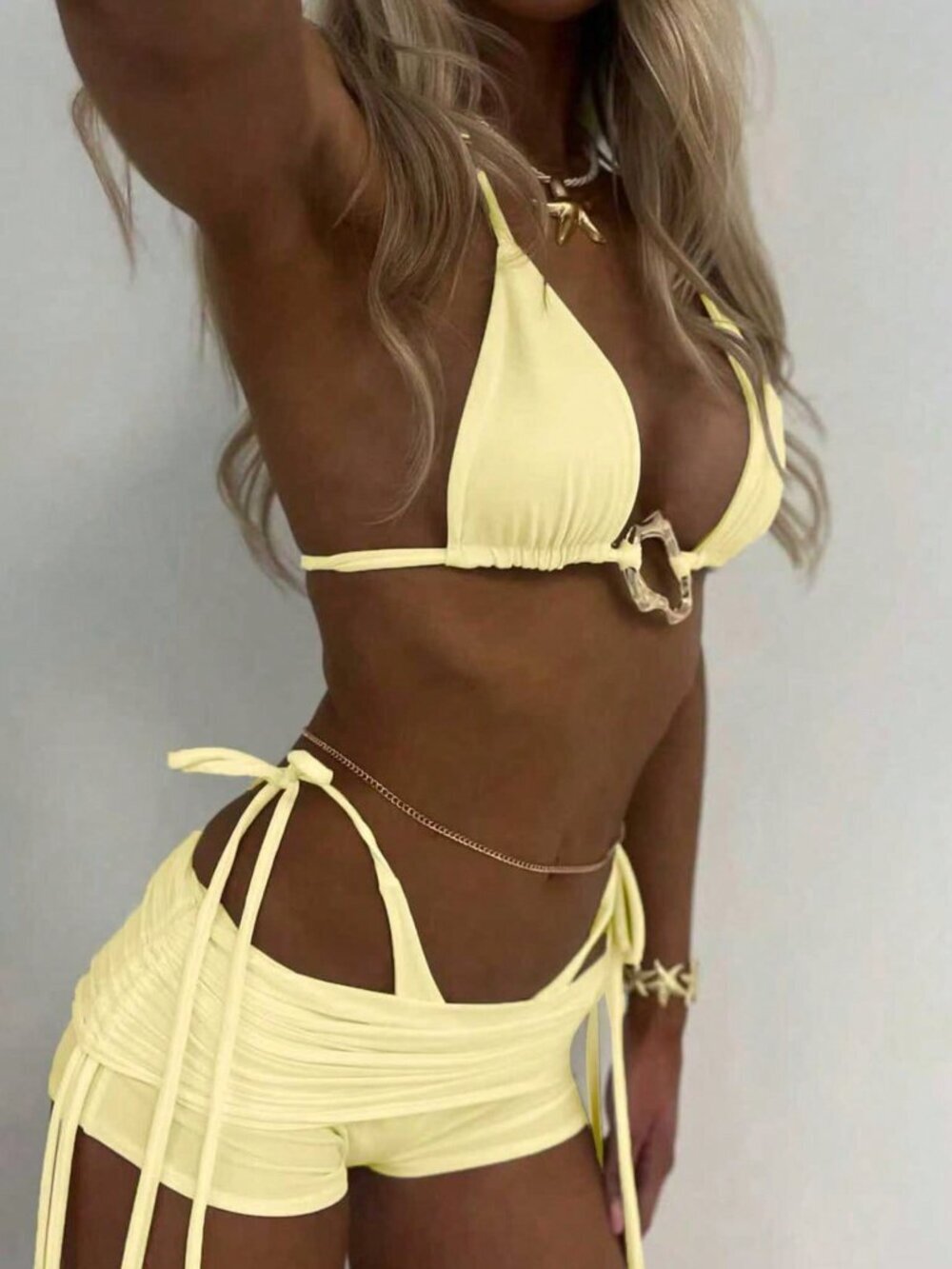 Yellow Elegant Women's Bikini Swimwear Set Backless Top & Shorts